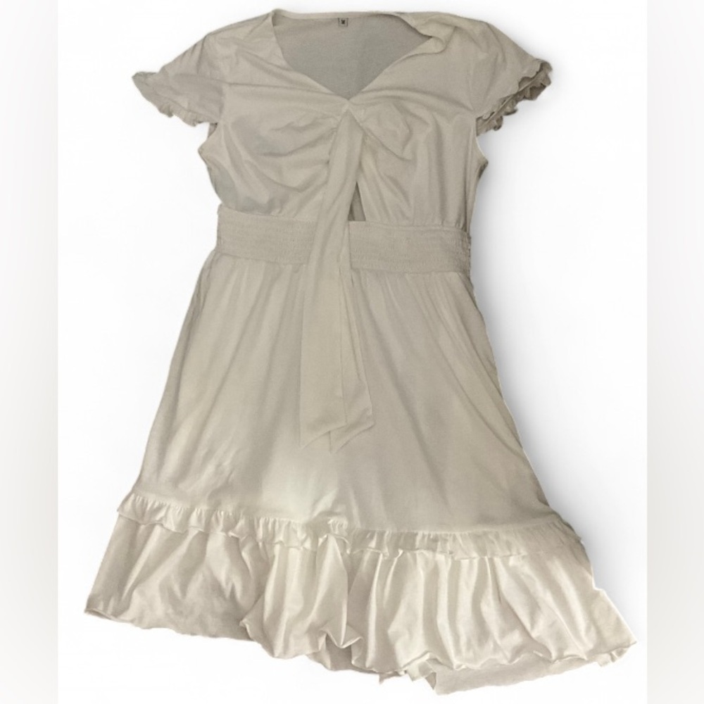 White Midi Dress Knotted Front V-Neck Elastic Waist Women's M
